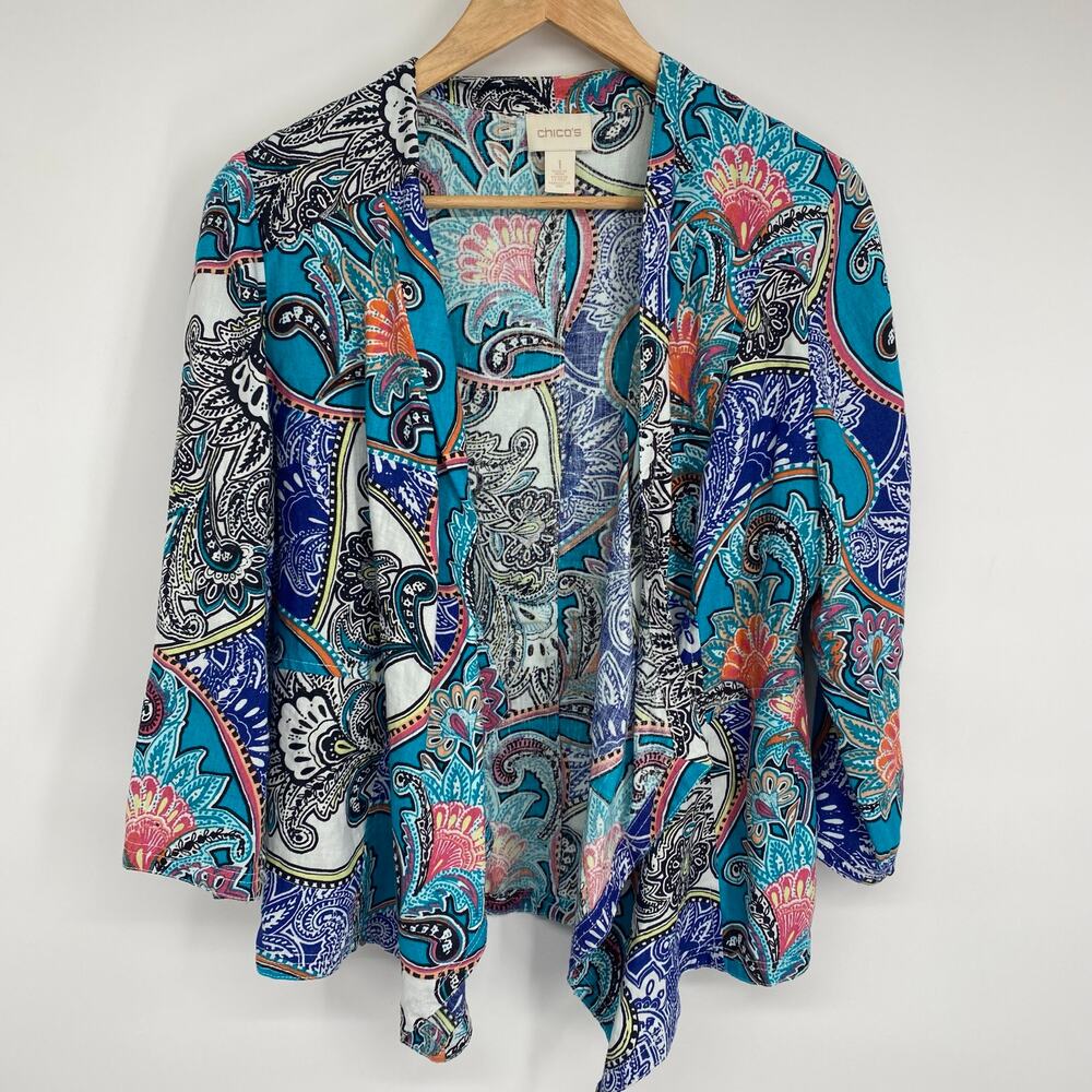 Chico’s Blazer Women’s‎ Medium Linen Floral Paisley Coastal Artsy Bohemian